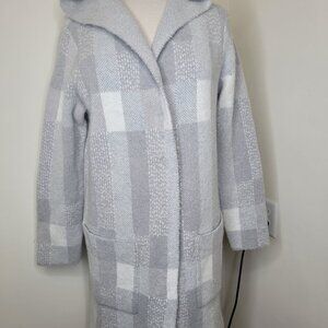Soft Surroundings Plaid Hooded Coat M Acrylic Wool Blend Gray & White